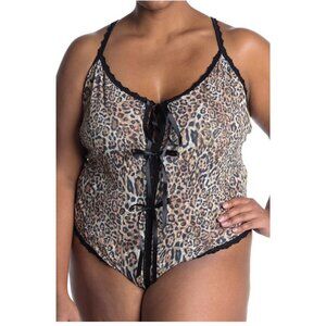 Hanky Panky Womens Black Tan Leopard Lace Up Thong Teddy Lingerie Plus Sz 2X New